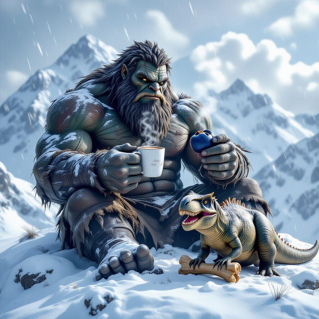 Giant Enjoys Hot Chocolate and Blueberries on Snowy Mountain...