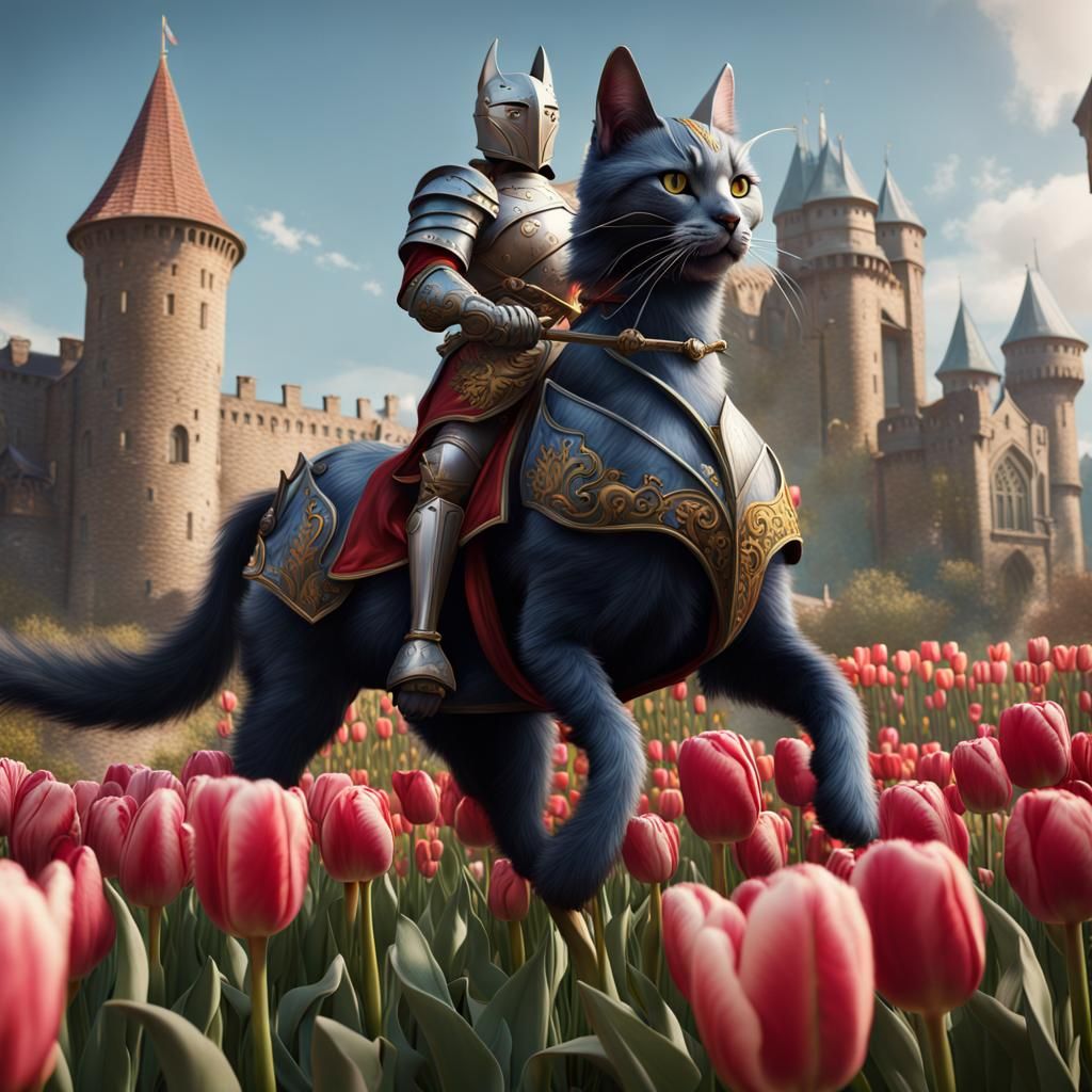 Medieval Cat Knights Riding Tulips: Fantasy Art