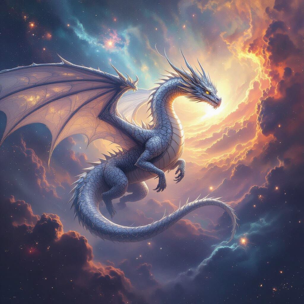 Colossal Silver Dragon Soaring Through Galactic Nebula
