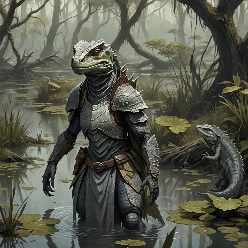 Swamp Lizardfolk Portrait: Grey Scales and Reptilian Details
