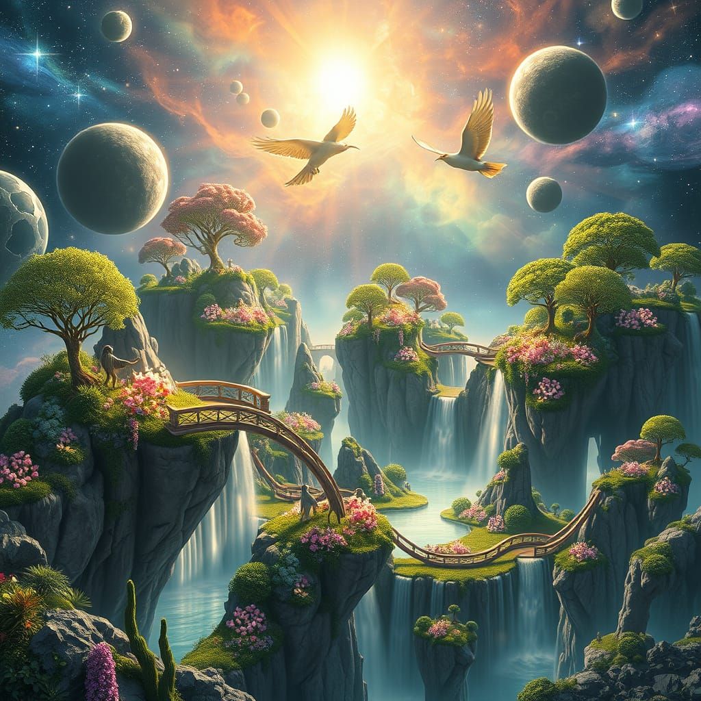 Celestial Garden Floating in Cosmos, Hyper-Realistic Style
