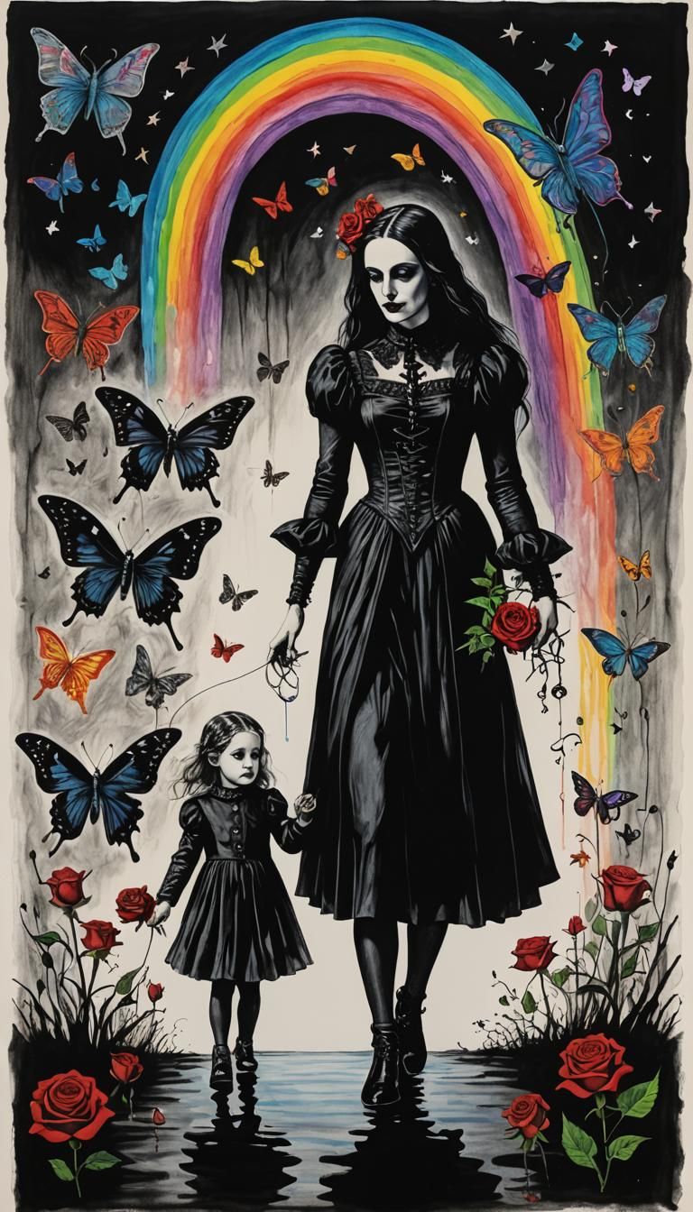 Surreal Gothic Mother and Child Crayon Drawing