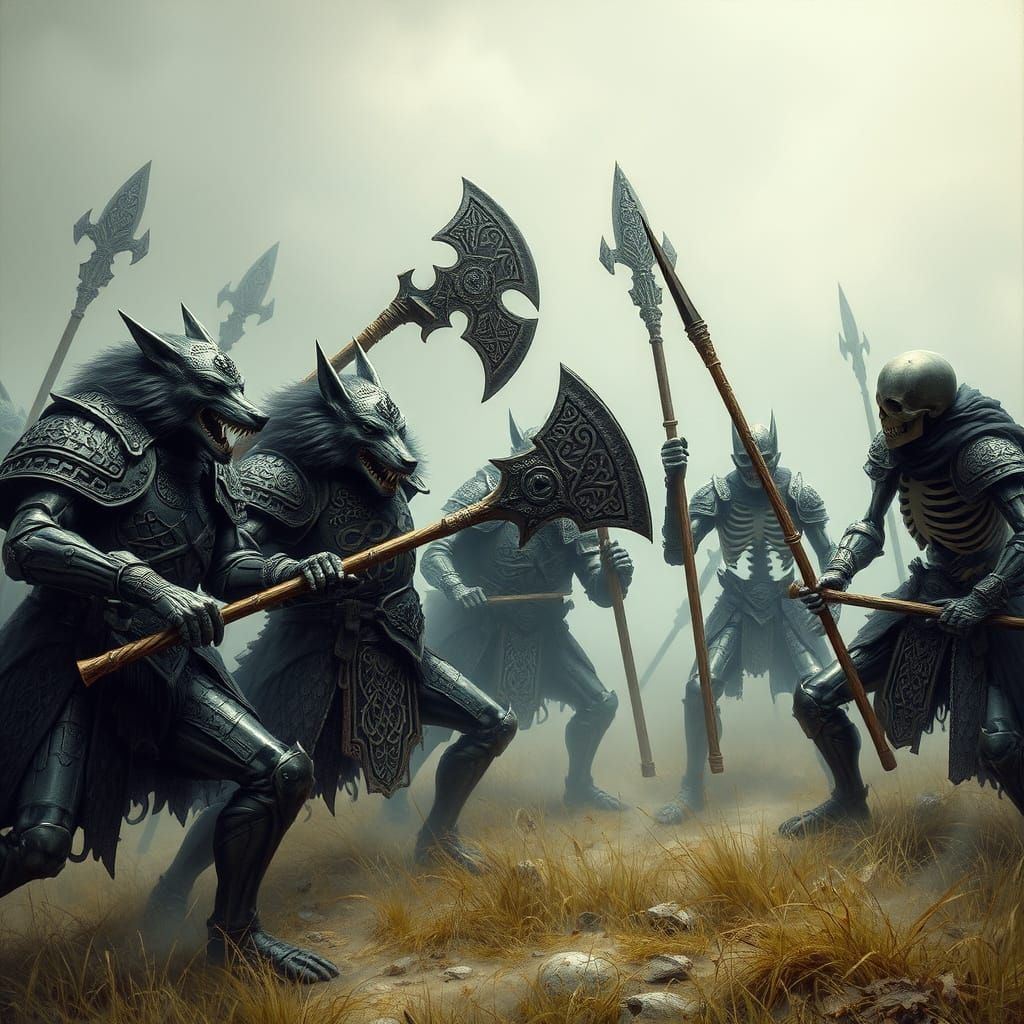 Werewolves in Dark, Gothic Armor Clash with Skeletal Warrior...