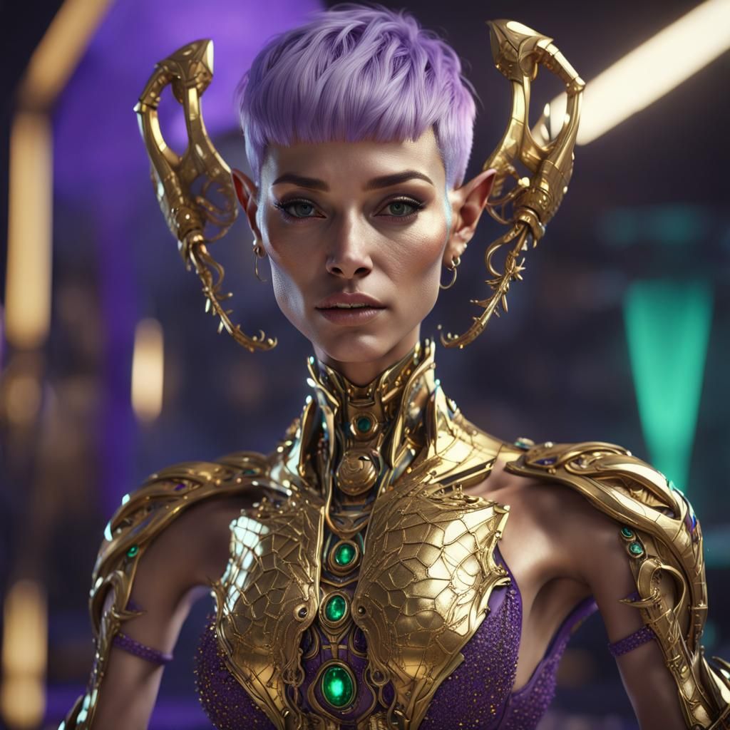 Emerald Alien Woman in Gold Gown, Sci-Fi Render