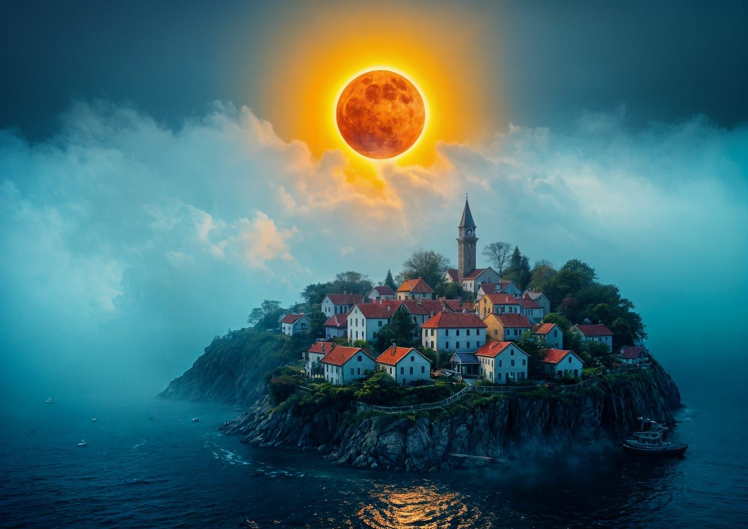 Pointillist Seaside Village in Solar Eclipse