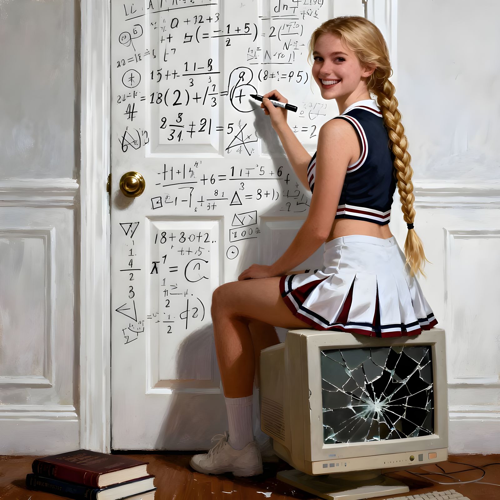 Student Draws Math Symbols on Door Behind Broken Monitor