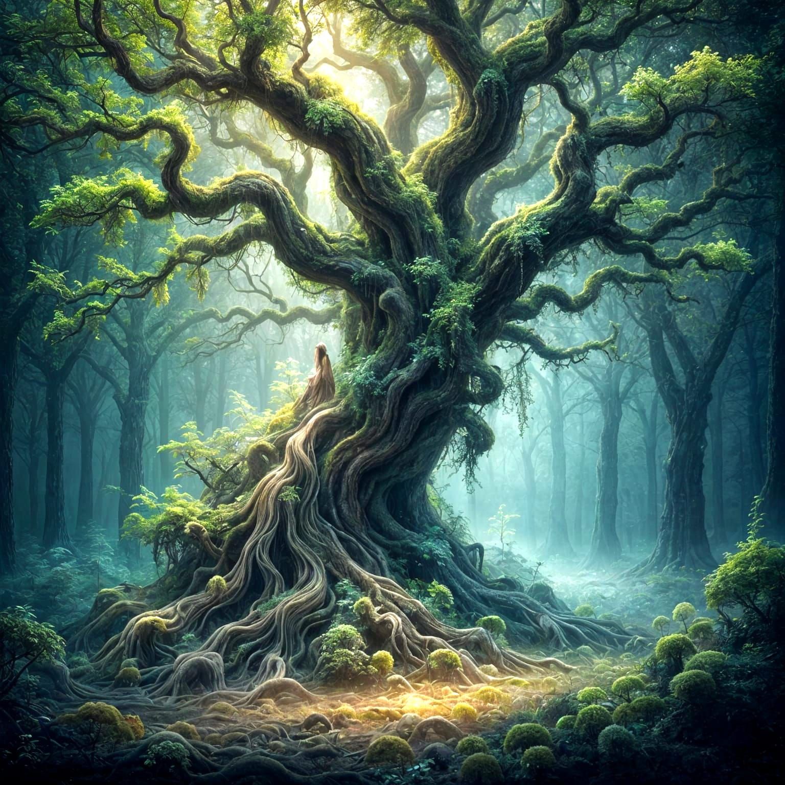 Ancient Bioluminescent Tree in Misty Forest Clearing