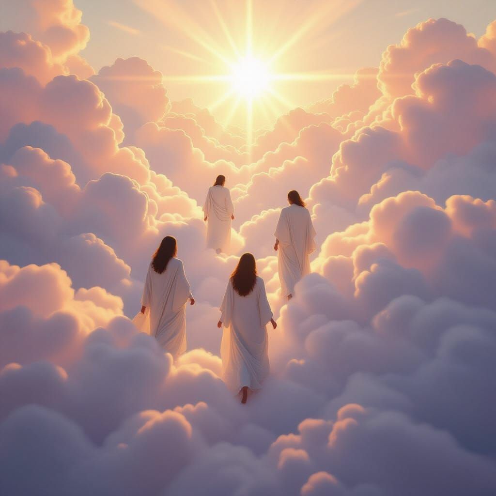 Figures Ascend Through Ethereal Clouds in Digital Painting