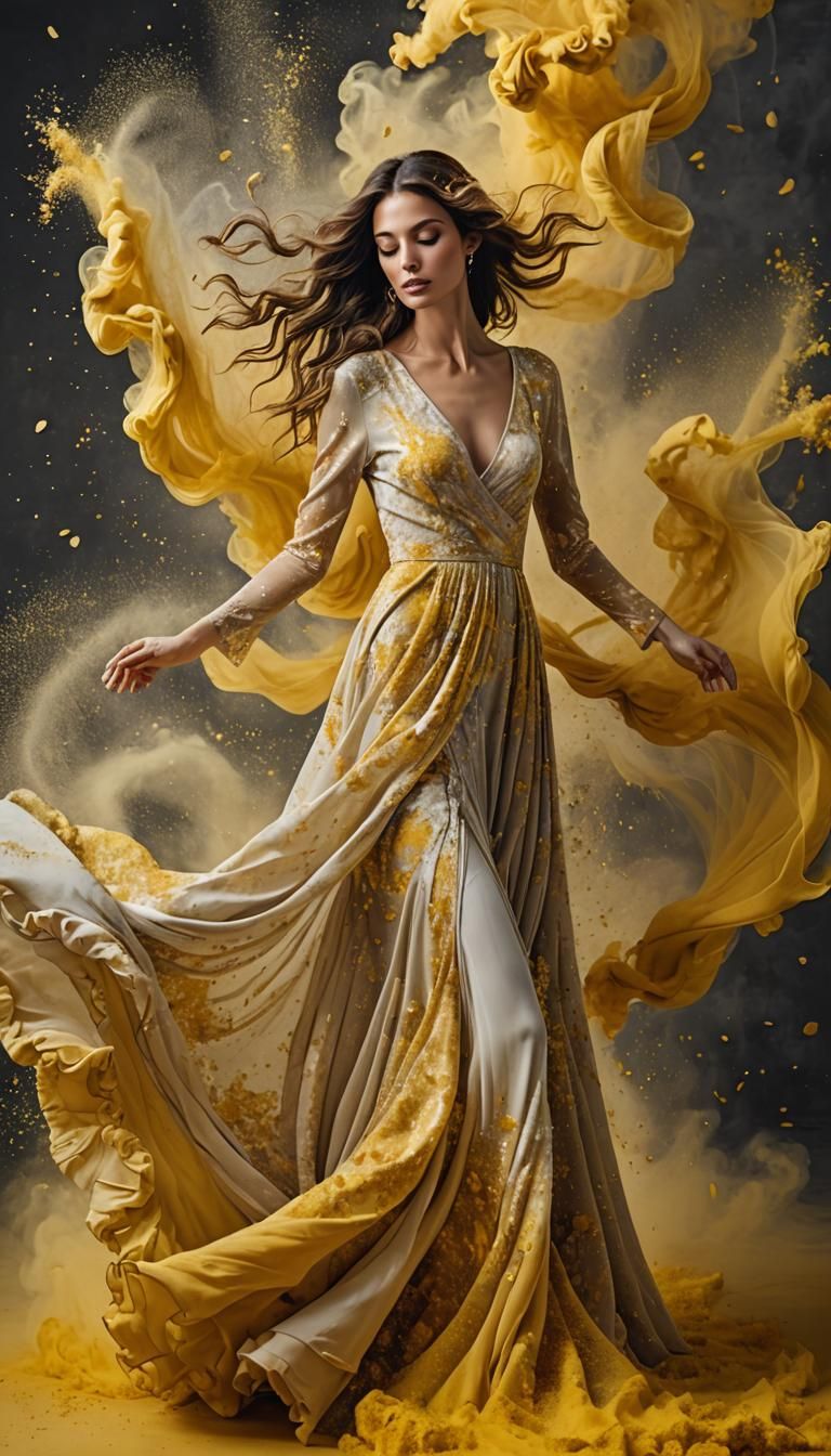 Elegant Woman in Floating Dress with Swirling Powder
