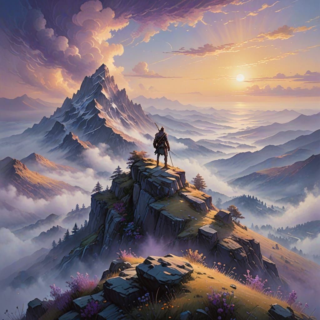 Golden Hour Warrior in Ethereal Fantasy Landscape