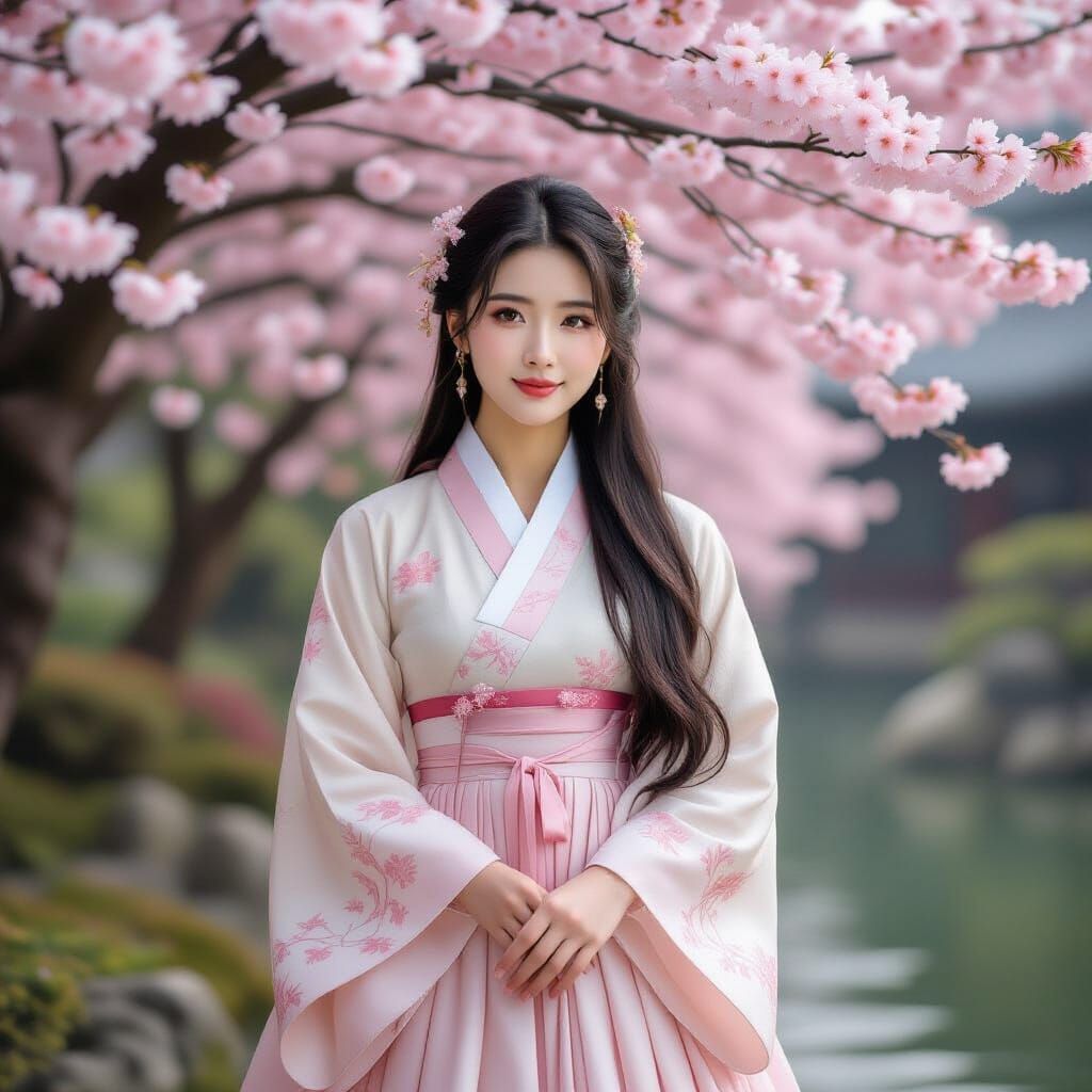 Korean Woman in Garden with Cherry Blossoms