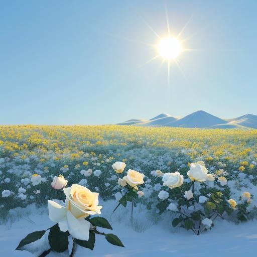 Pastel Roses Blooming in Winter Snow