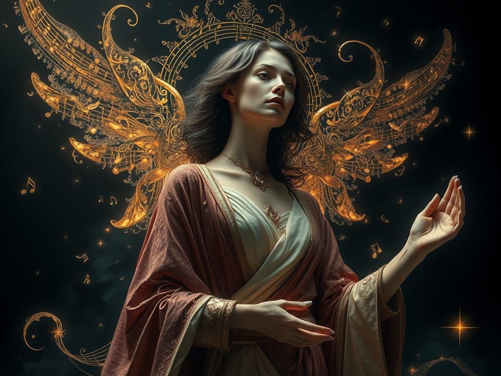 Surreal Androgynous Figure of Molten Gold and Music Notes