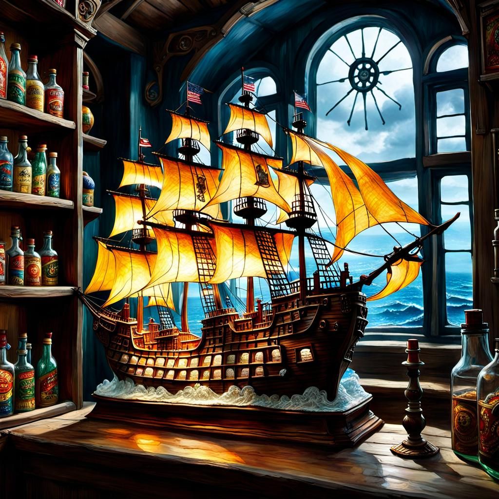 Pirate Ship in a Bottle: Detailed Matte Painting