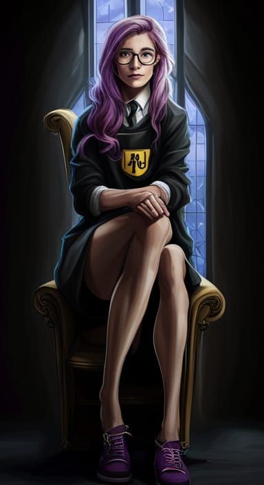 Hufflepuff Student with Purple Hair at Hogwarts