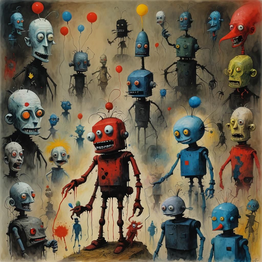 Robot in Gouache Watercolor Impressionist Style