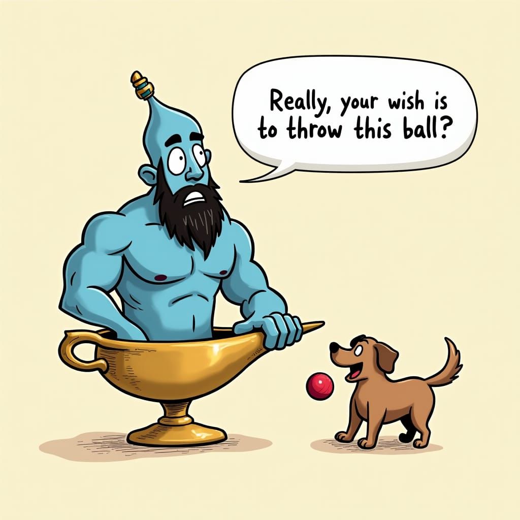 Blue Genie and Dog Wish in Comic Style