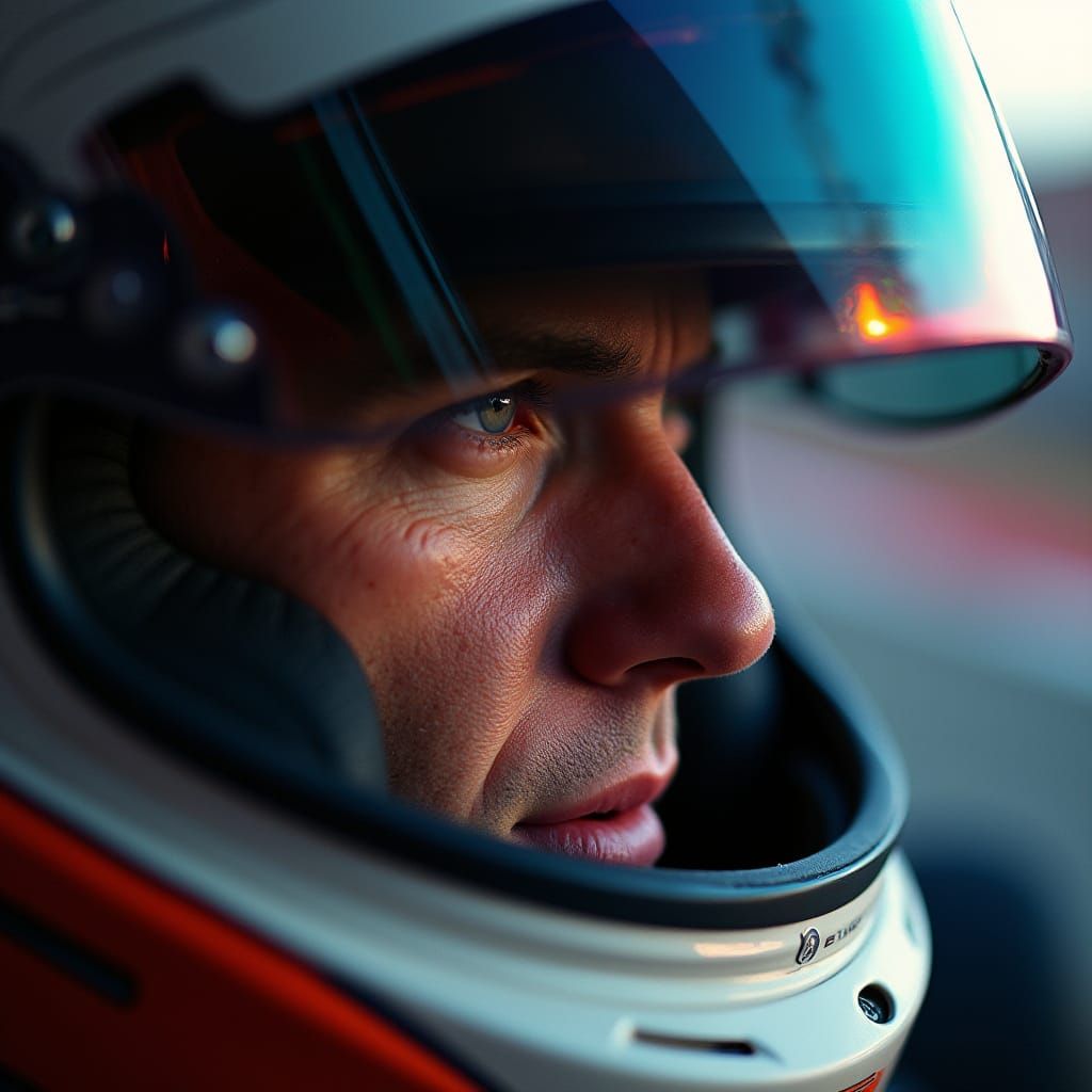 Focused Driver in High-Tech Helmet, Eyes Locked on the Track