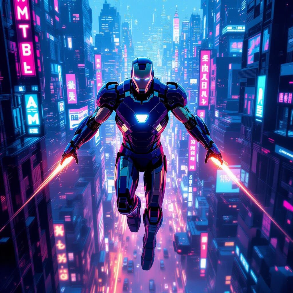 Iron Man Soaring Through Dystopian Metropolis in Digital Art