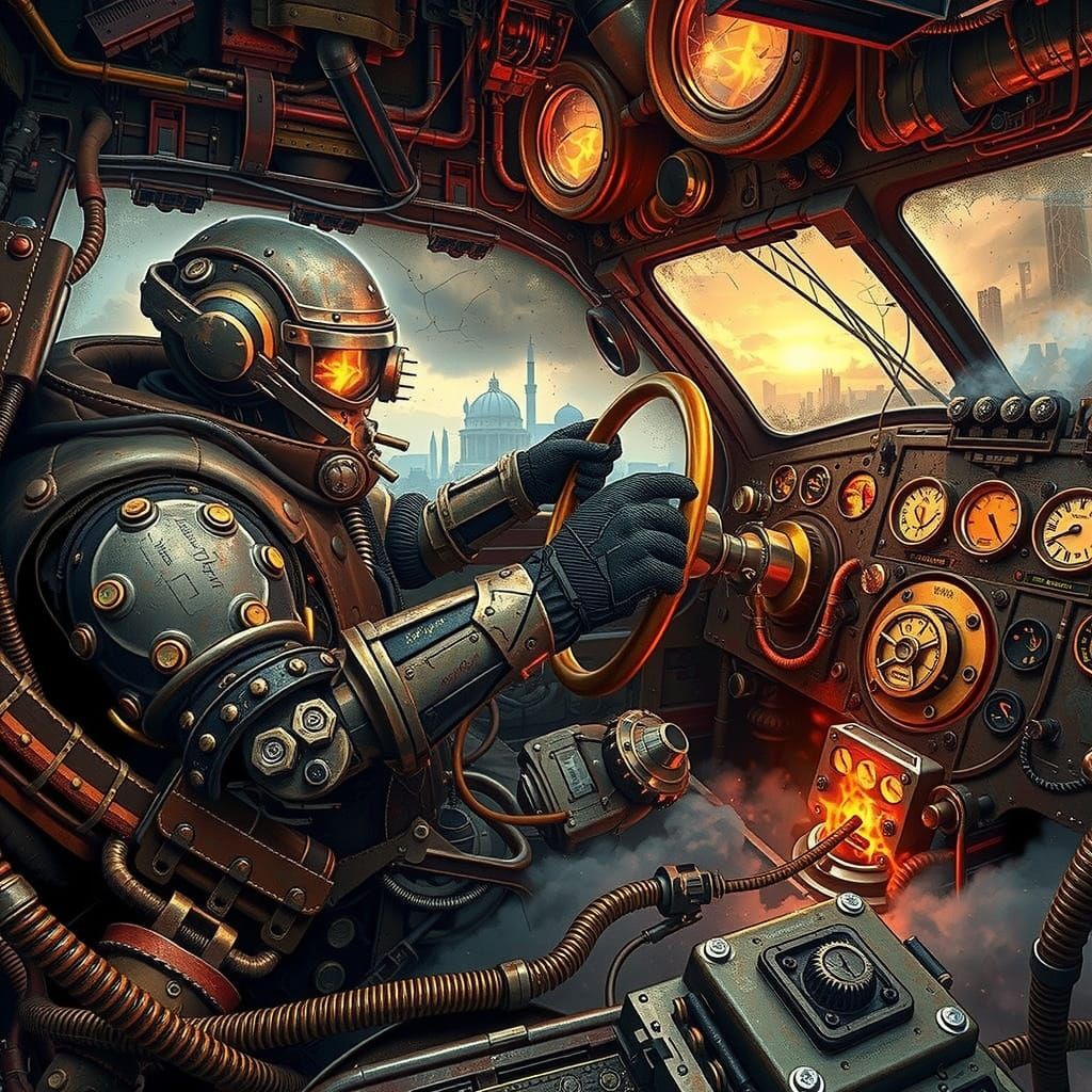 Dieselpunk Warrior Clad in Worn Leather and Brass Armor Grip...