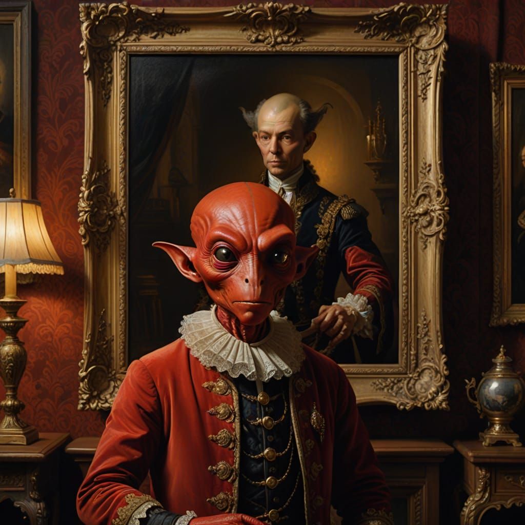 Red Alien in 18th Century Colonial Attire, Dutch Master Ligh...