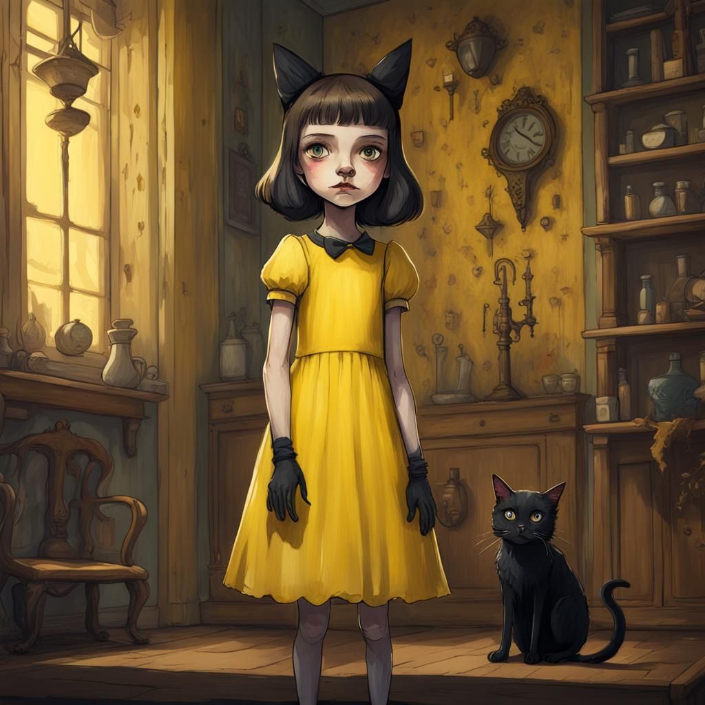 Fantasy Asylum: Girl, Cat, Gouache Art