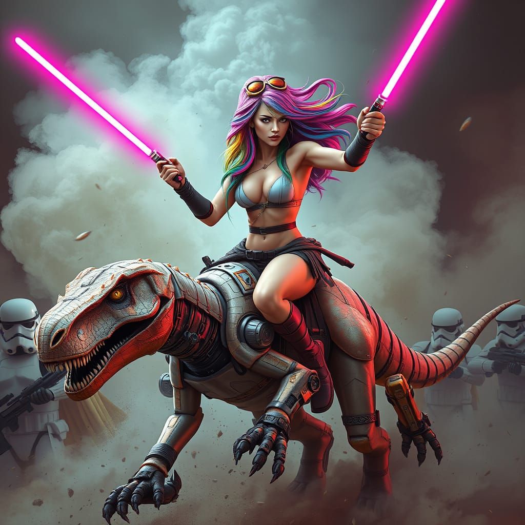 Rainbow Jedi riding a Velociraptor