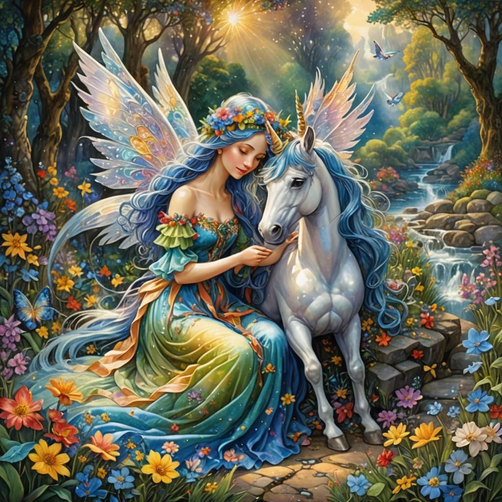 Fairies and Unicorns in Celestial Meadow