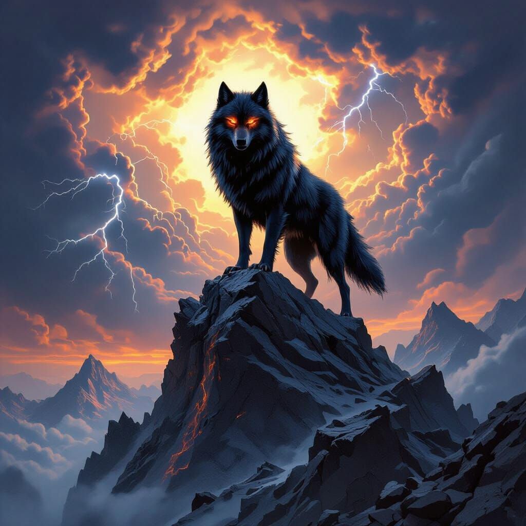 Obsidian Wolf on Mountain Peak Under Tempest Sky