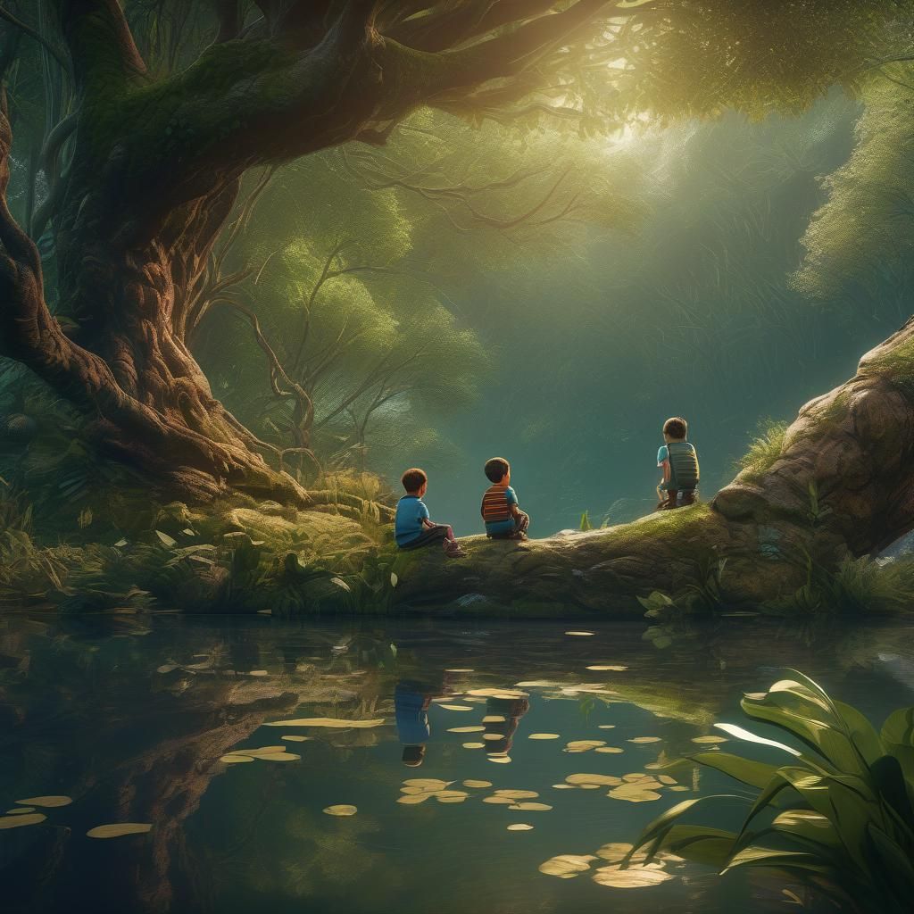 Kids Fishing on Lush Riverbank in Fantasy Art
