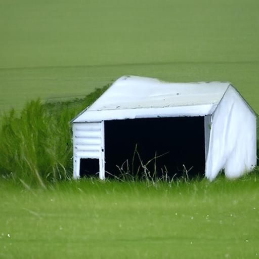 Small White Shed in Field at Night