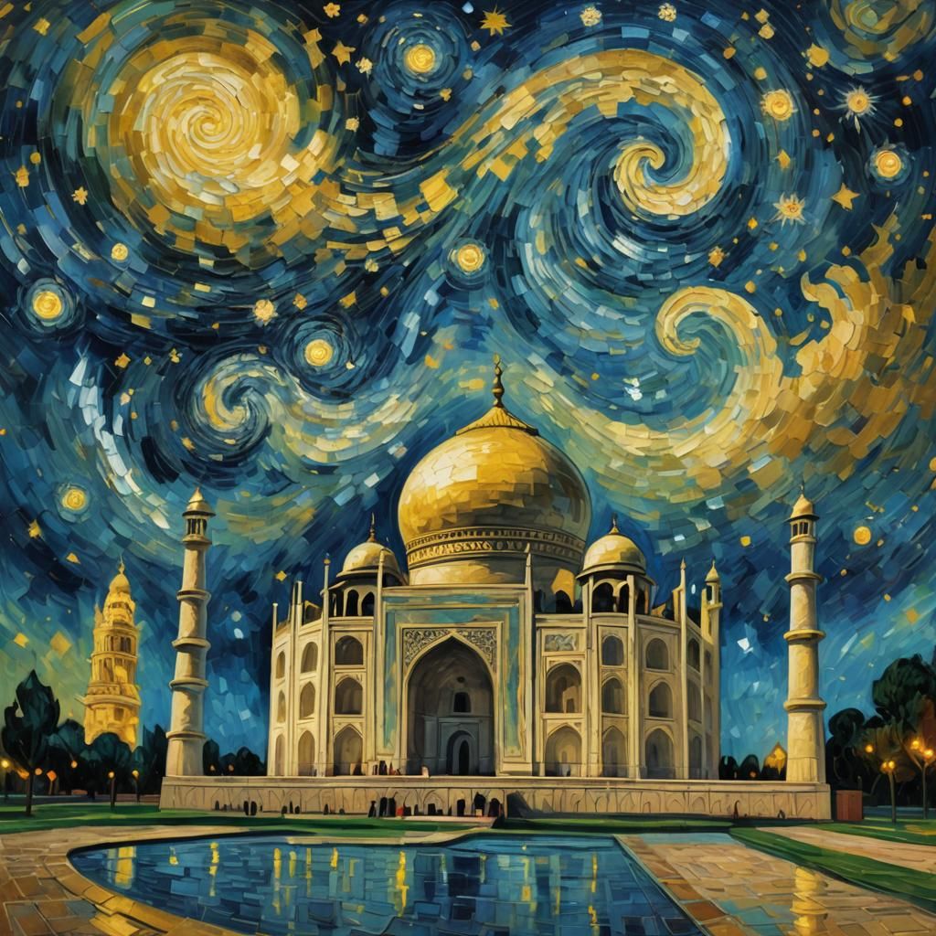 Taj Mahal at Night in Impressionist Style