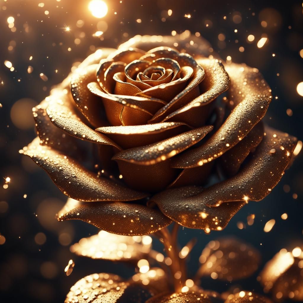 Closeup of amazing sparkling golden metal rose, sparkles and light particles