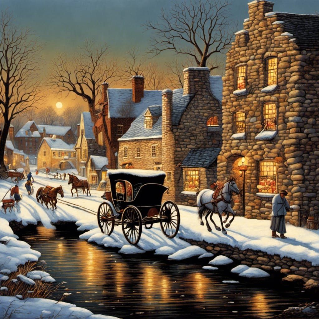 Nostalgic Winter Village Scene with Stone Bridge