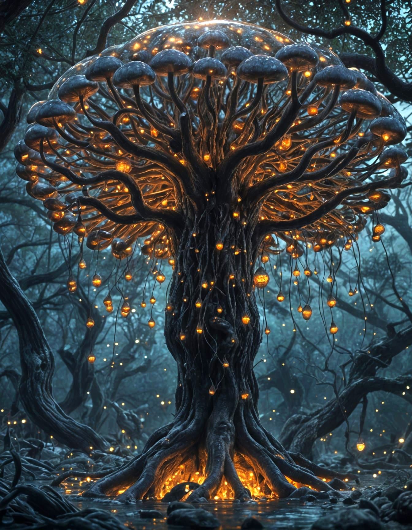 Bioluminescent Mushroom Tree of Life in Sci-Fi Style