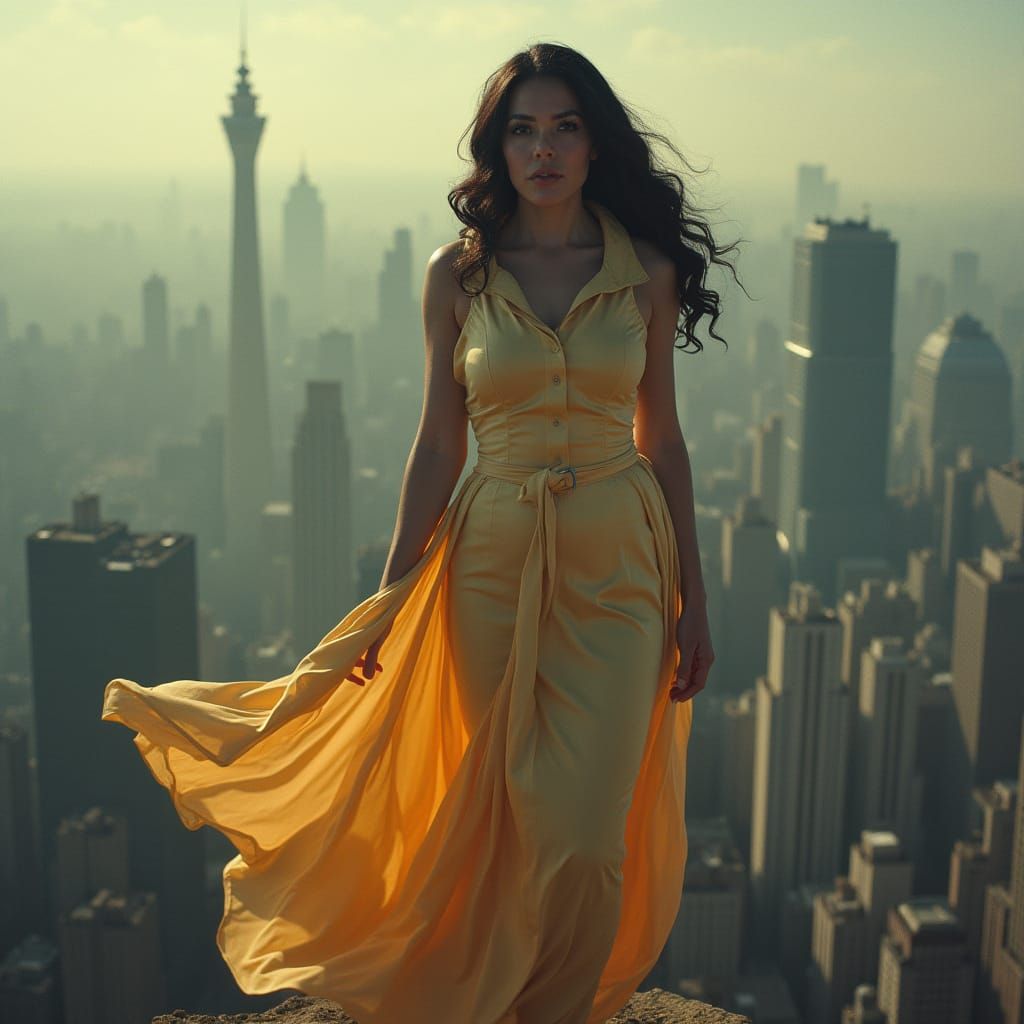 Latina Giantess Crushing City in Cinematic Film Still