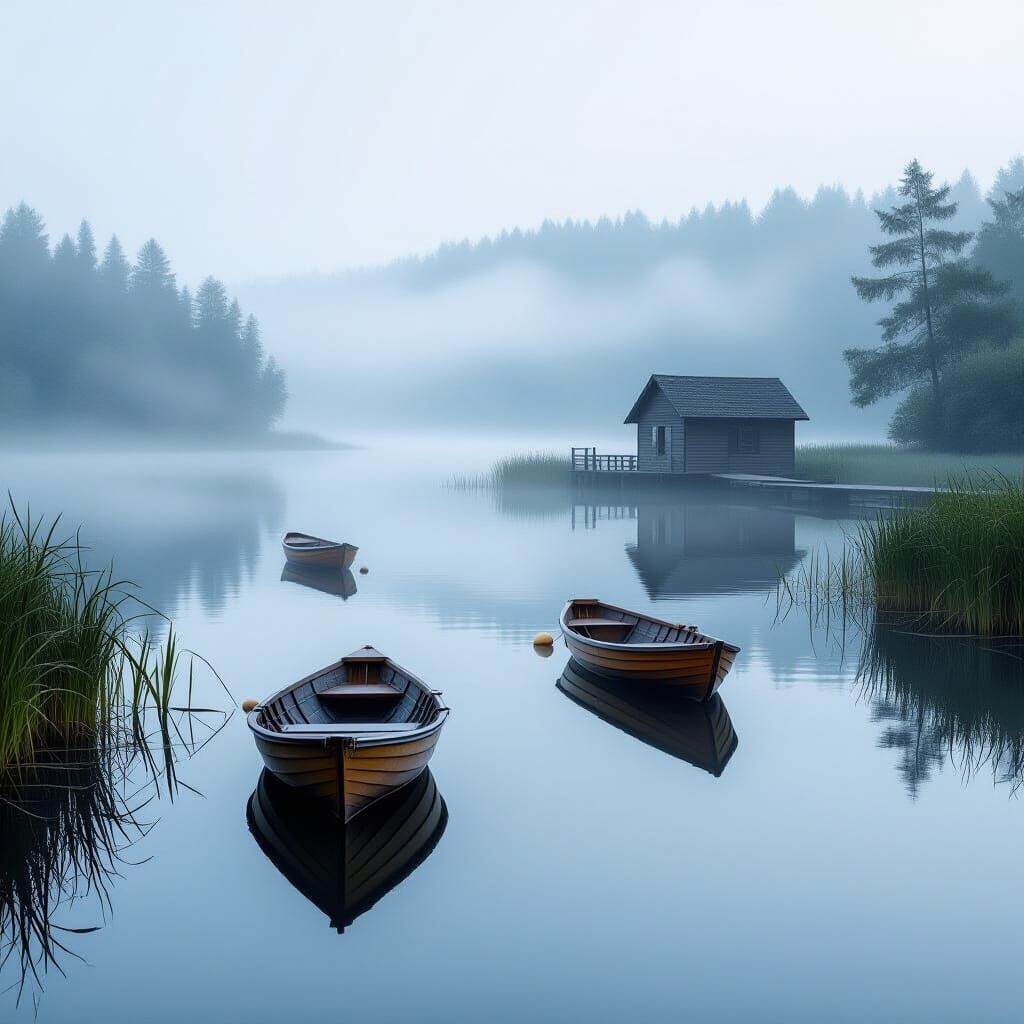 Misty Morning Lake Reflections with Cabin and Boats