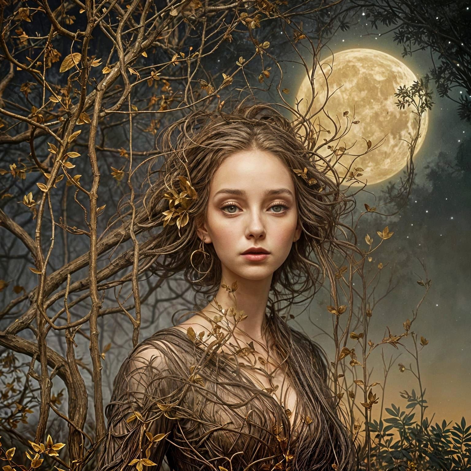 Dark Whimsy: Woman and Twisted Tree in Moonlight