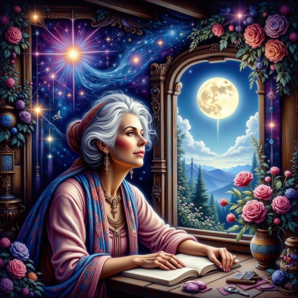 Grandmother Weaves Star Tapestry in Gentle Watercolor Style