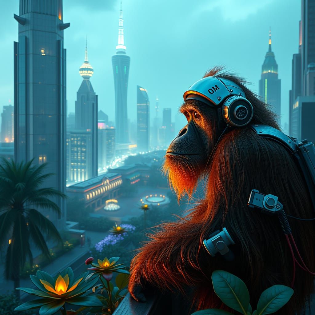 Cybernetic Orangutan Surveys Bioluminescent Cityscape