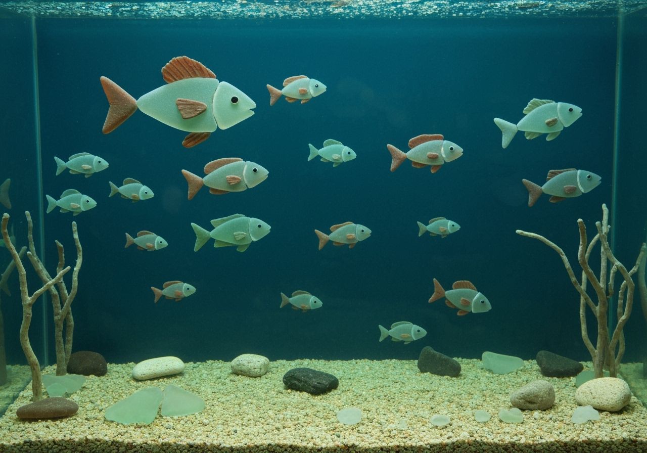 An aquarium full of fish made from bits of sea glass