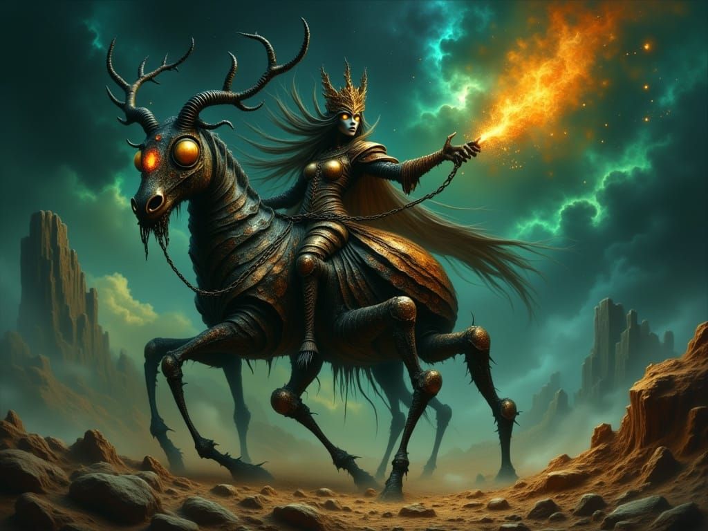 Armored Insect Queen Rides Fantastical Beast