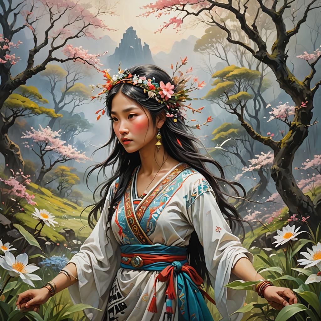Ethereal Tribal Woman in Tachisme Spring Landscape
