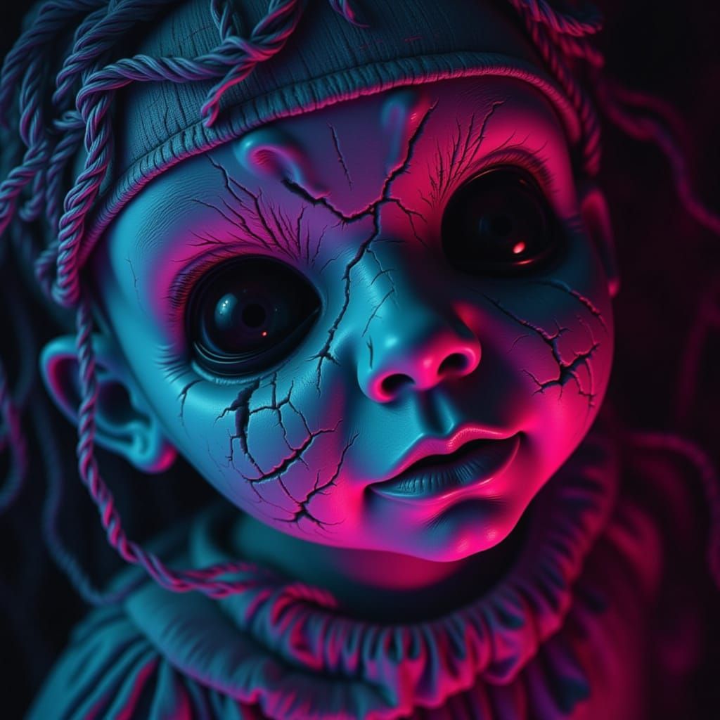 Haunted Doll with Fractured Face in Glitch Art Style