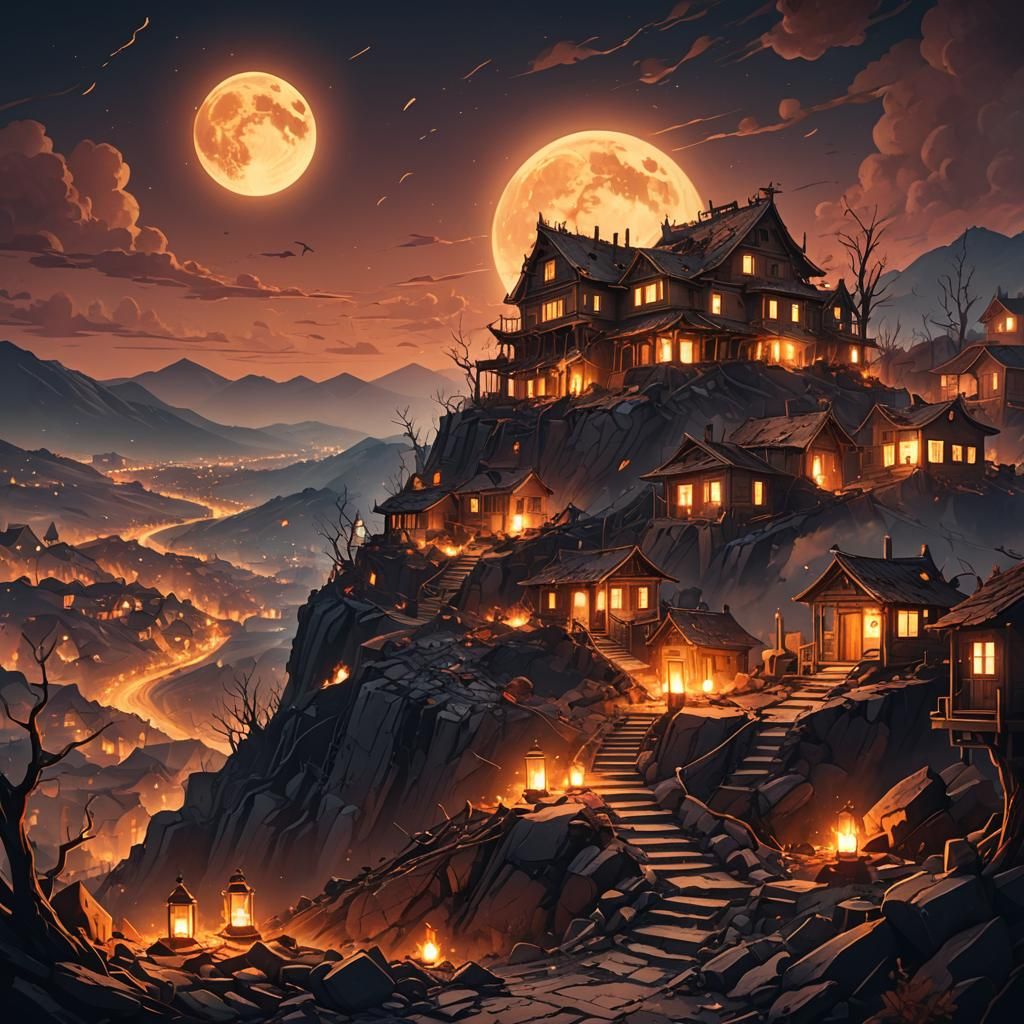 House on Hill Amidst Burning City: Digital Art