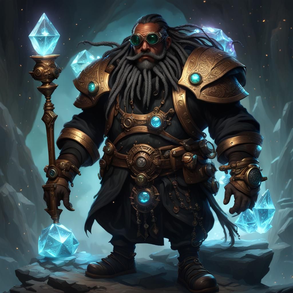 Fantasy Black Dwarf Crystalmancer in Dark Fantasy Style
