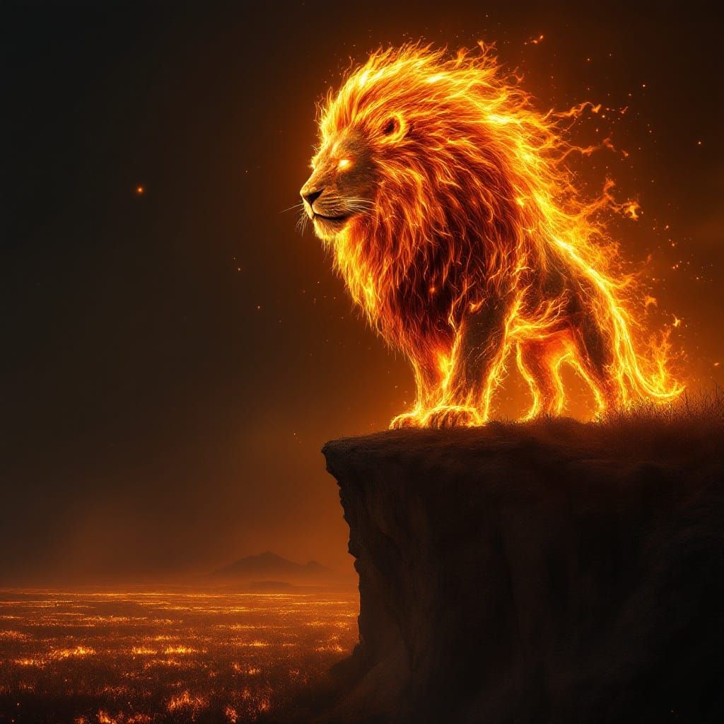 A colossal lion entirely sculpted from fire, standing majest...