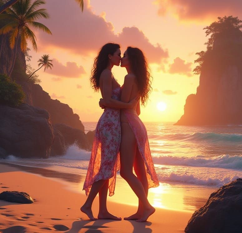 Sensual Sunset Beach Embrace in Fantasy Art Style