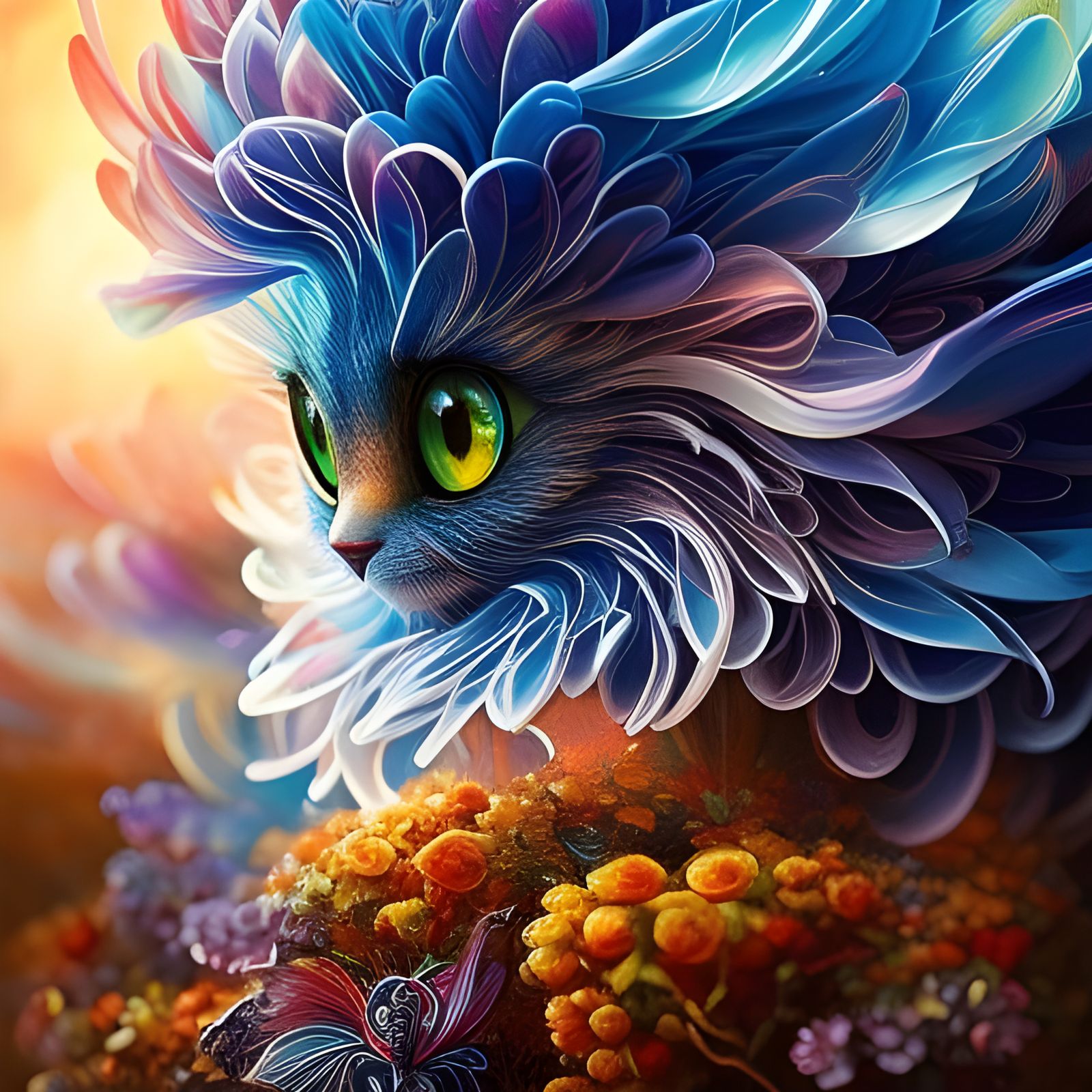 Blue Flower Cat Portrait in Digital Art Style