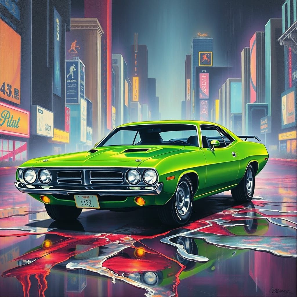 Neon Barracuda in Dystopian Cityscape: Surrealist Oil Painti...